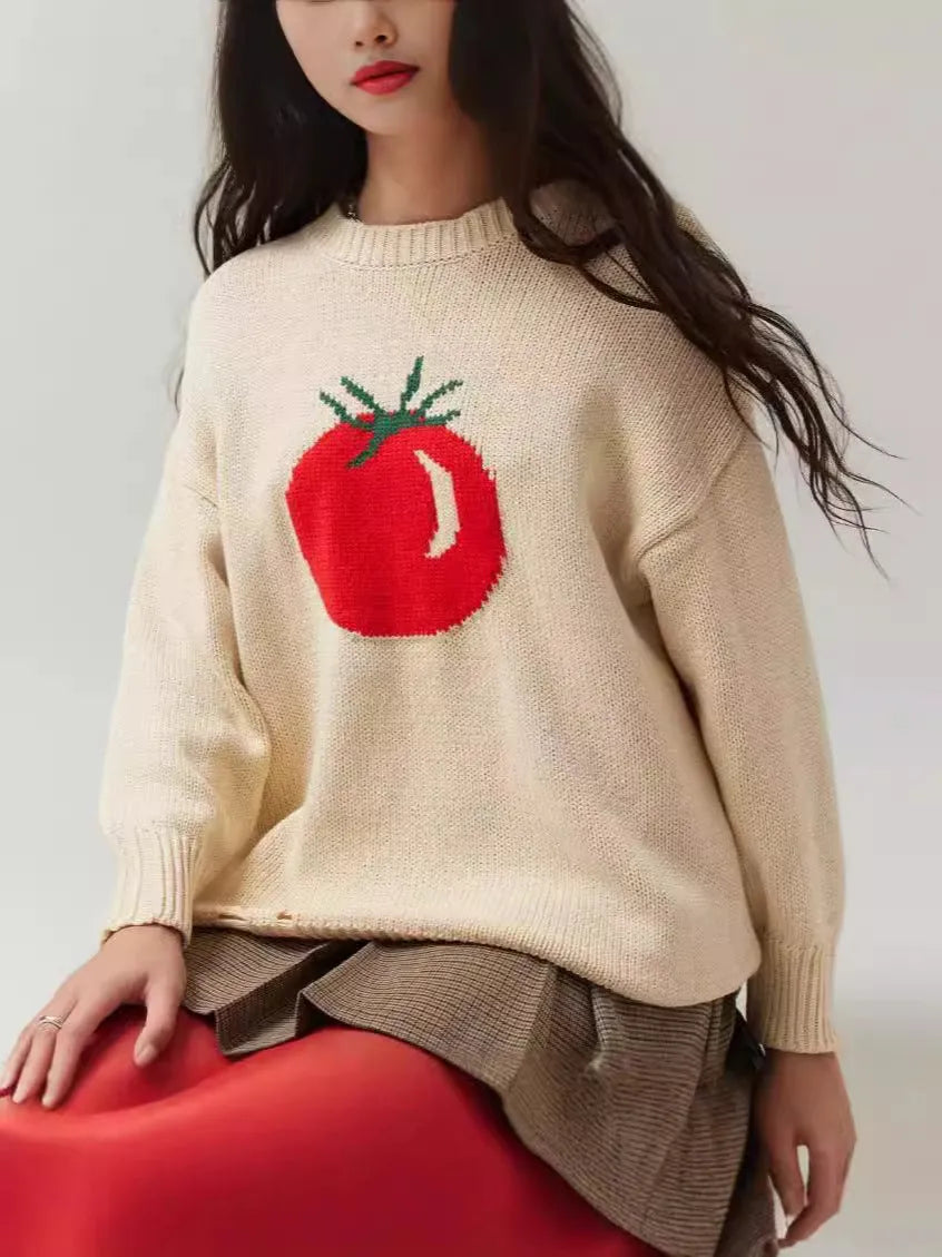 Women's loose-fitting milky white acrylic Jacquard pullover sweater with a round neck and long sleeves.