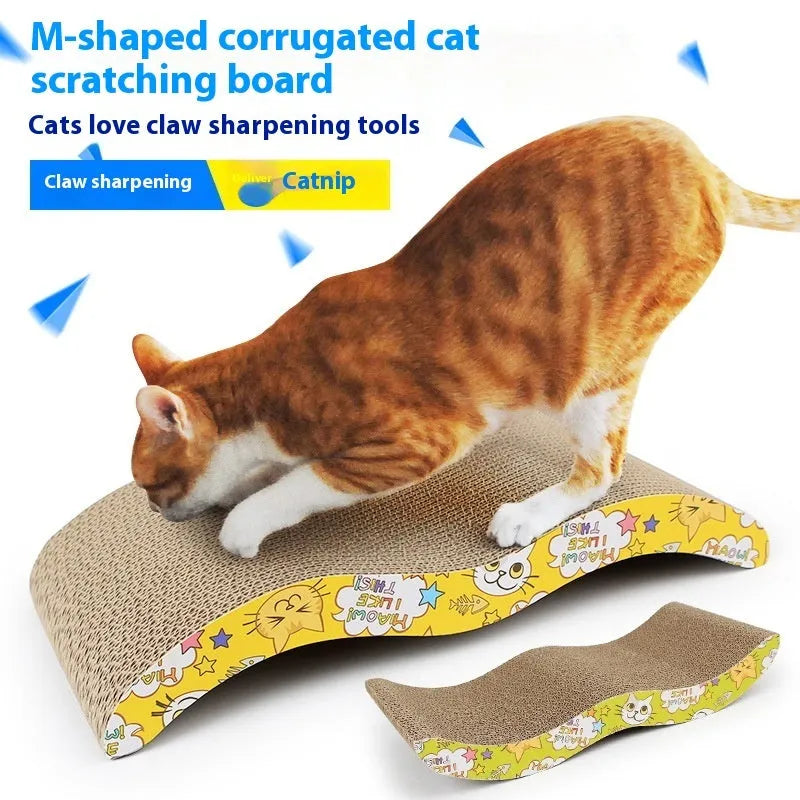 Corrugated paper cat scratch board with leather border in one of seven available styles.