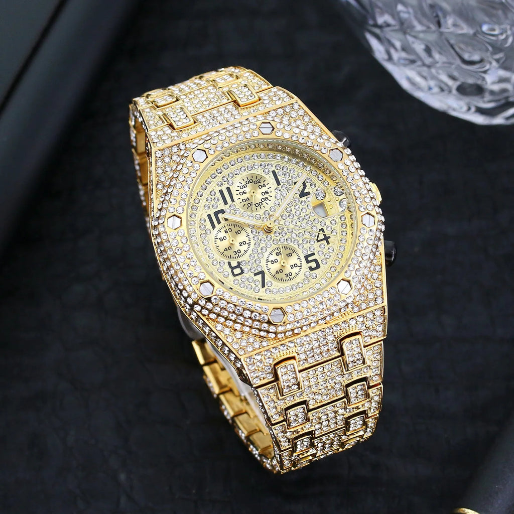 Full diamond three-eye chronograph quartz men's watch with 45mm gold alloy strap