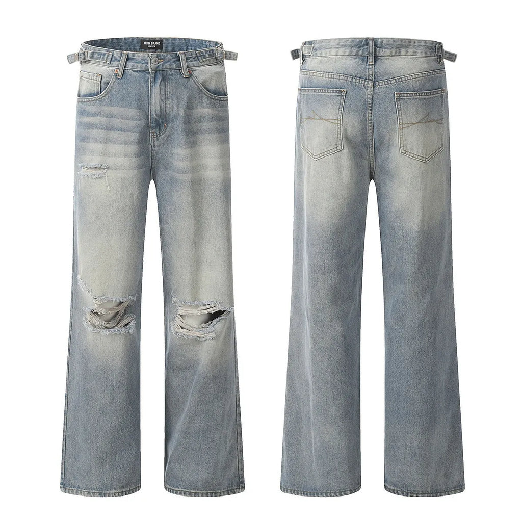 Men's blue straight-leg jeans with ripped detailing on the legs and a zipper fly closure.