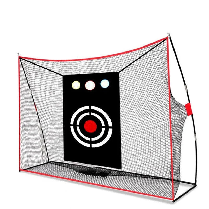 Golf swing wedge training net set with cross target, straw mat, and practice balls