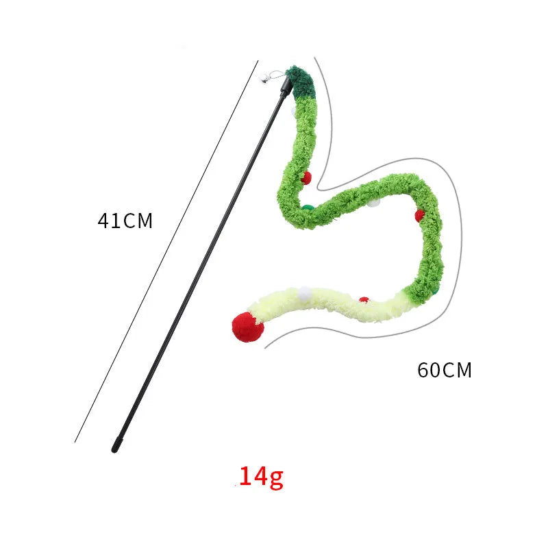 Blue interactive cat wand toy with a long plush strip, fluffy ball, and bells on a 41cm pole.