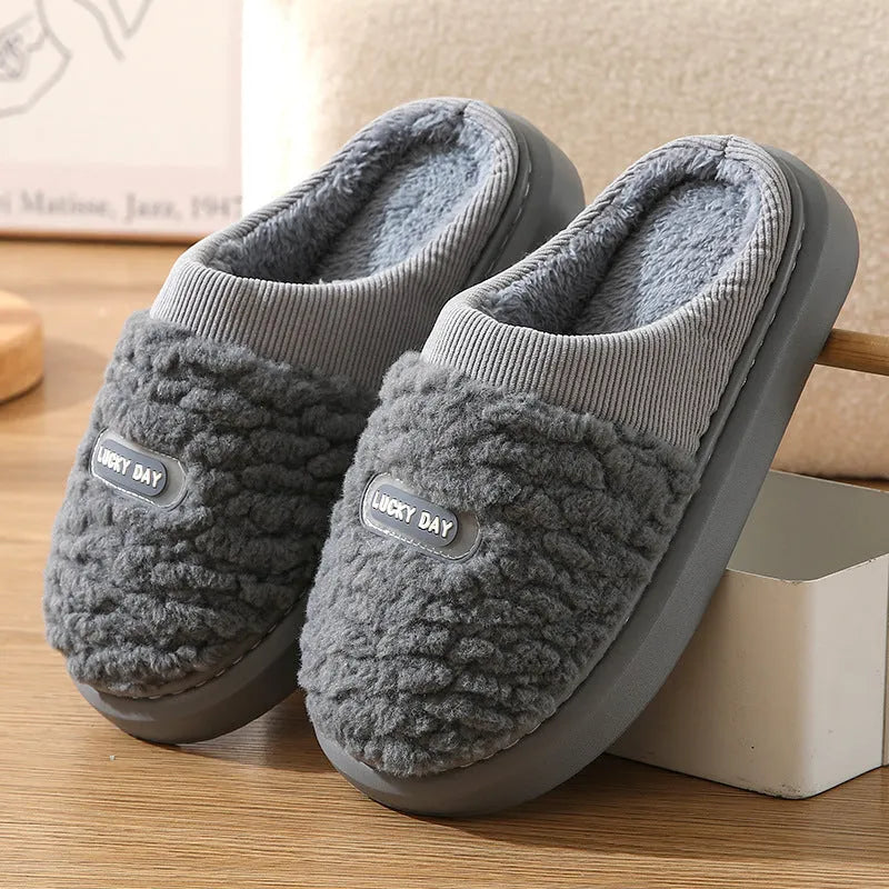 Men's grey brown household slippers with artificial wool lining and thick EVA sole