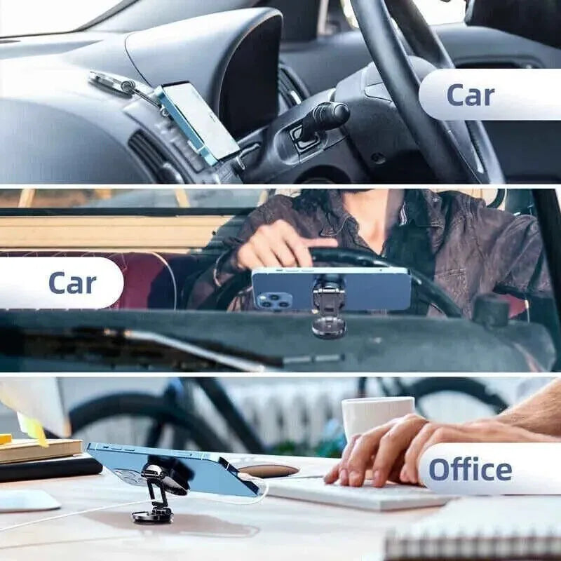 Chrome folding magnetic car phone holder with 360-degree swivel on car dashboard