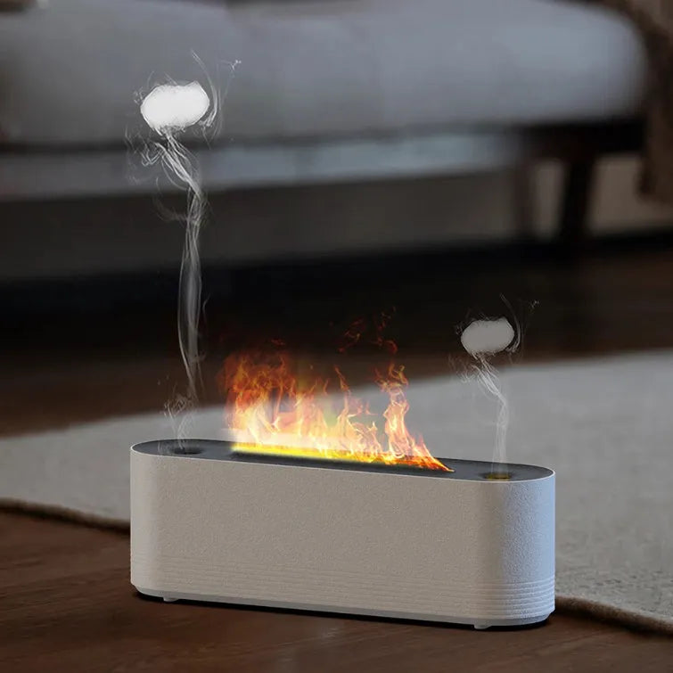 Black ultrasonic humidifier with colourful LED flame lighting and water mist output