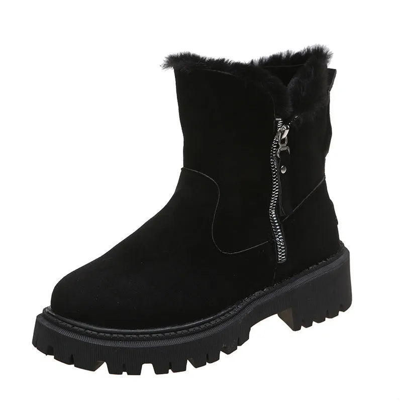 Women's black thick plush snow boot with side zip and faux fur lining