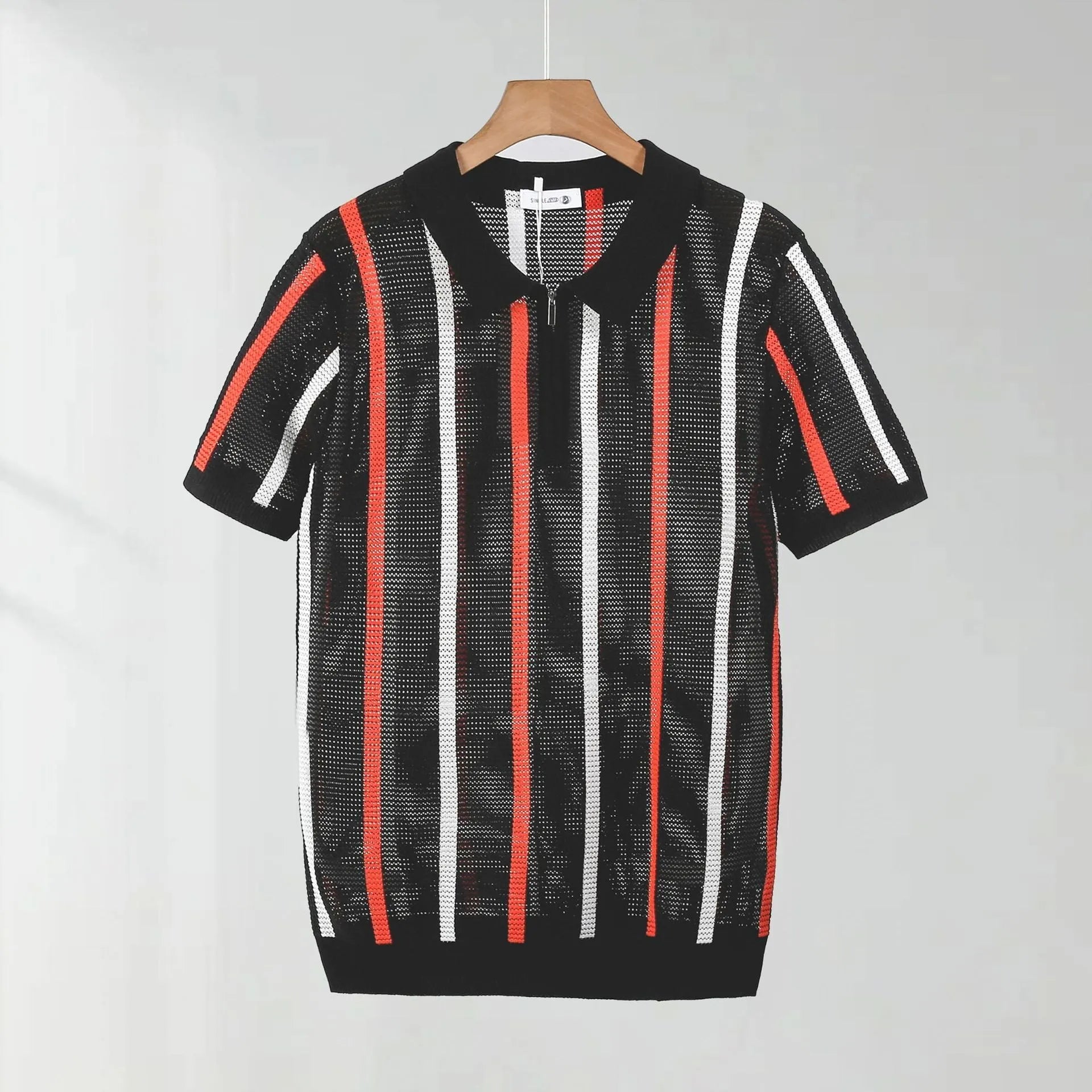 Men's black hollow mesh short-sleeved polo shirt with zipper decorations and loose knitting style