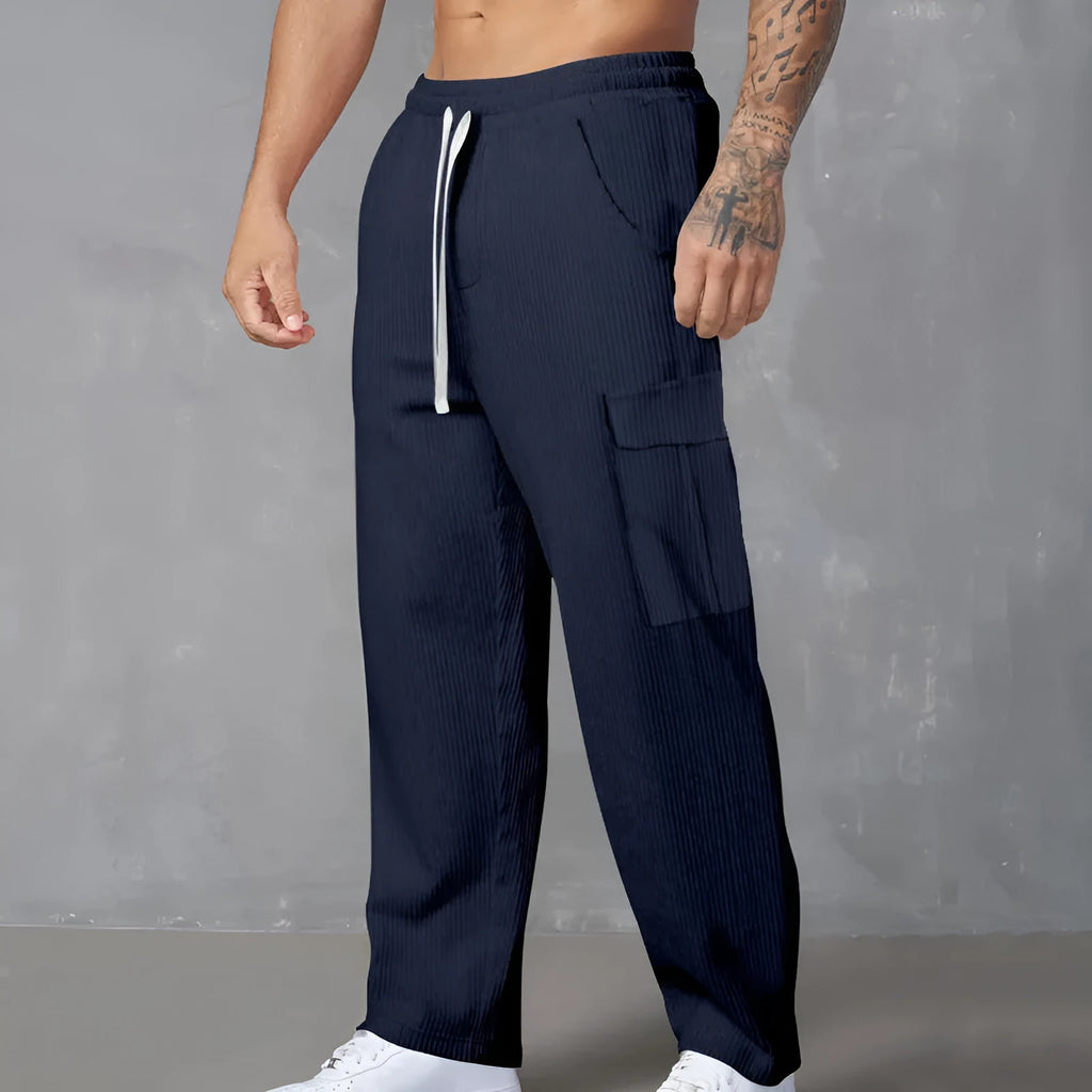 Men's corduroy cargo trousers in straight-leg wide-cut design with drawstring waist closure