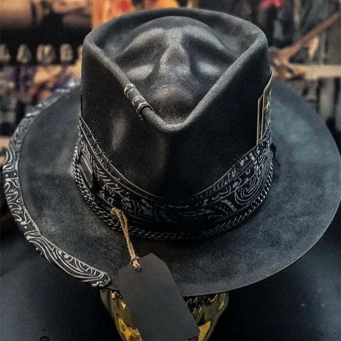 Black handmade wool felt skull hat with conical crown for Halloween costumes