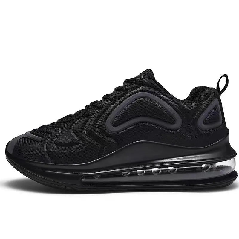 Men's black casual sneakers with lace-up front, thick sole, and round toe design