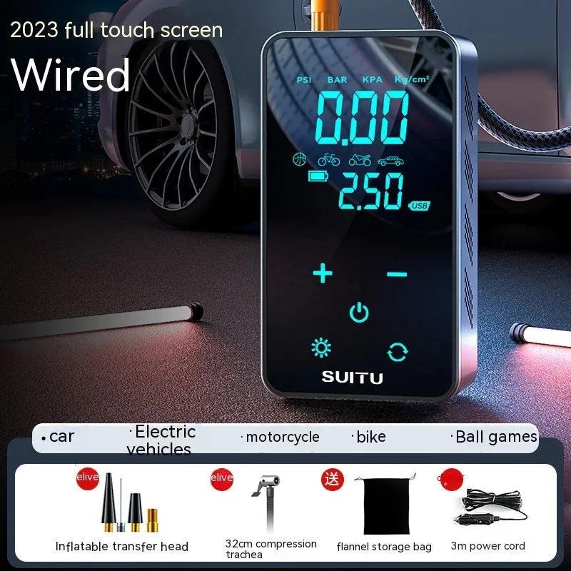 Wireless portable car tyre inflator pump with LCD screen and Type-C charging cable