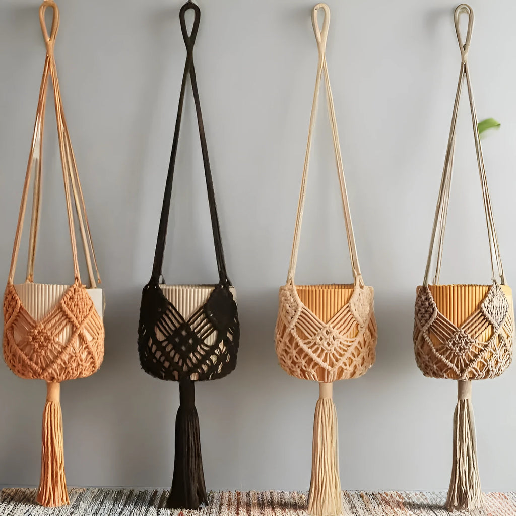 Hand-woven brown polyester cotton flower pot cover with a net pocket on the side.