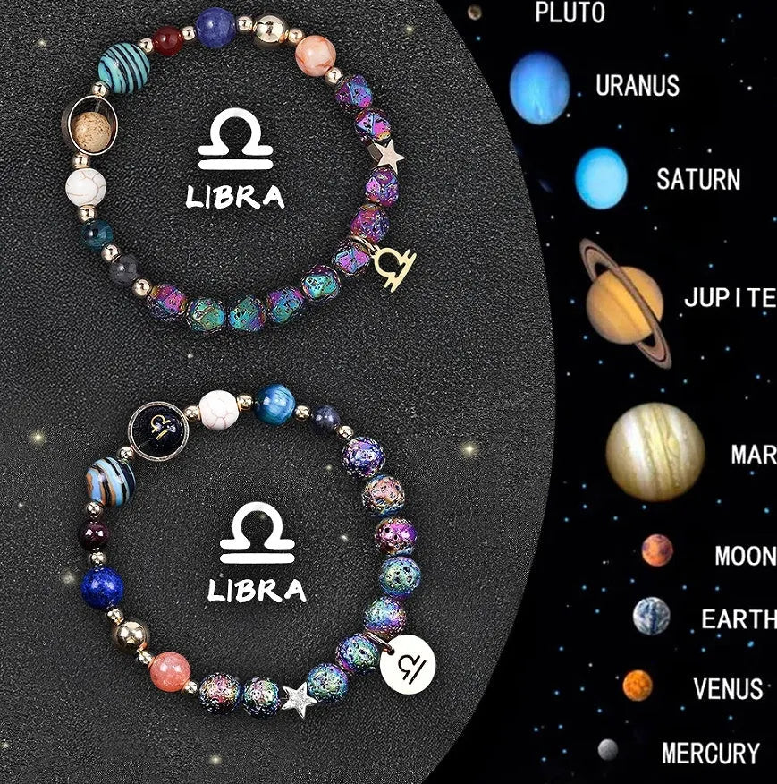 Two natural stone beaded bracelets showing zodiac sign designs on a textured background.
