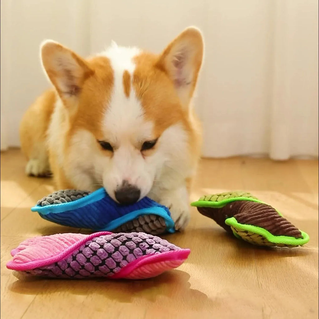 Blue tough plush teddy dog toy with a bone-shaped squeaker and soft corn fleece lining for bite-resistant play.