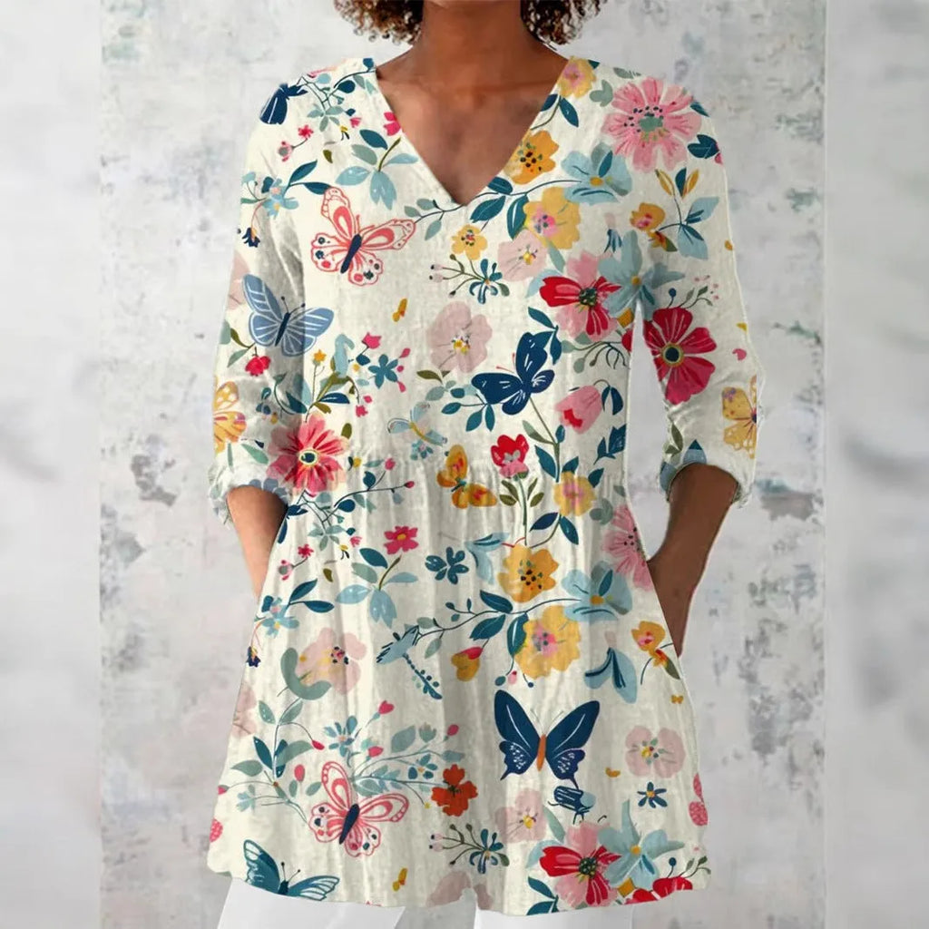 Women's retro-style slim fit printed long-sleeved top in a selection of colours.
