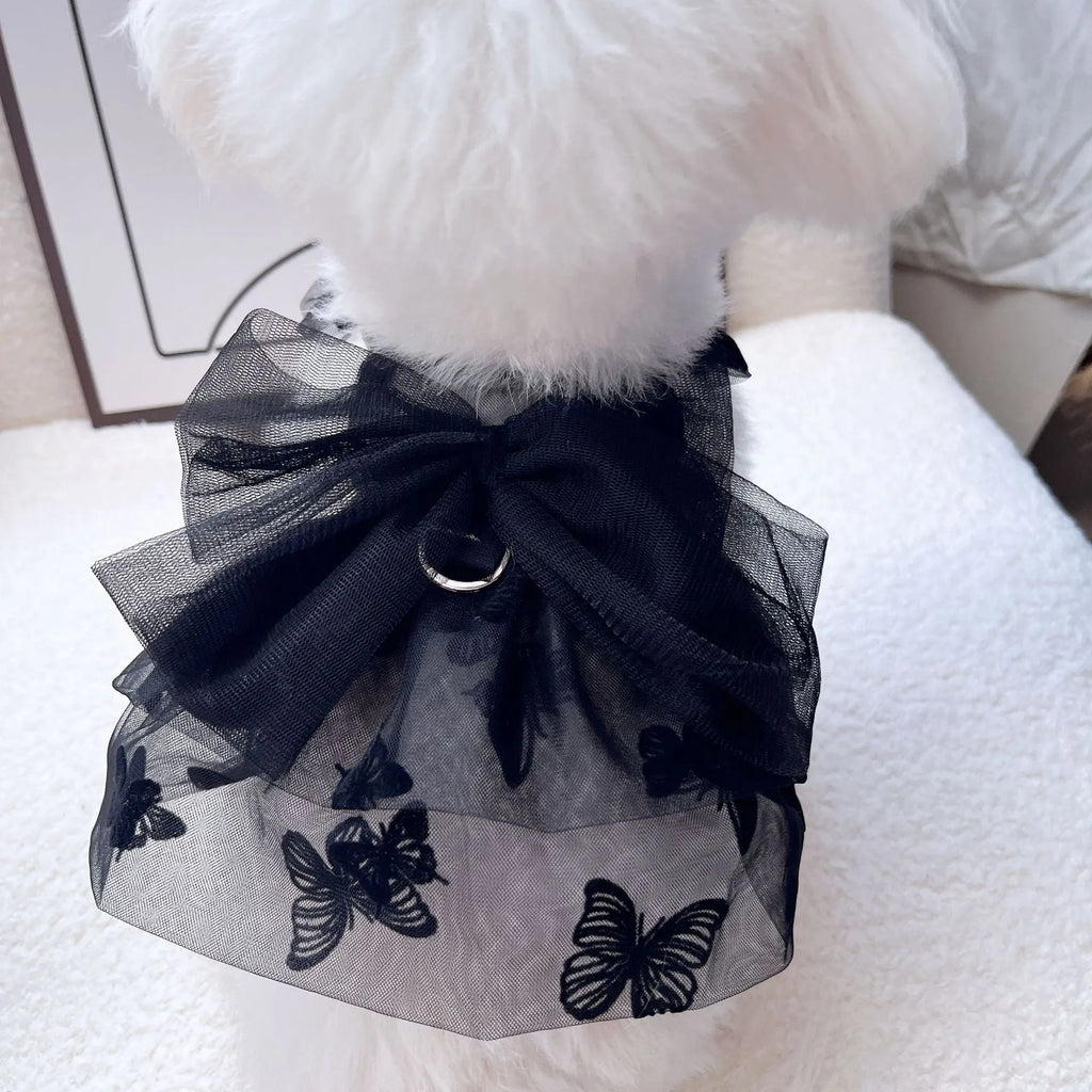 Black gauze princess tulle skirt for a small dog or cat, showing the pet clothing item.