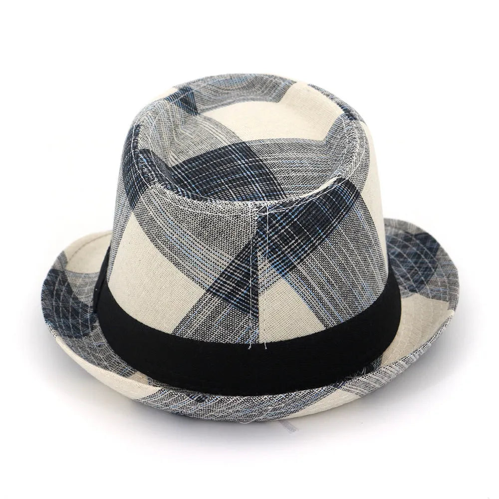 Blue and black polyester sun hat with bell crown for outdoor travel