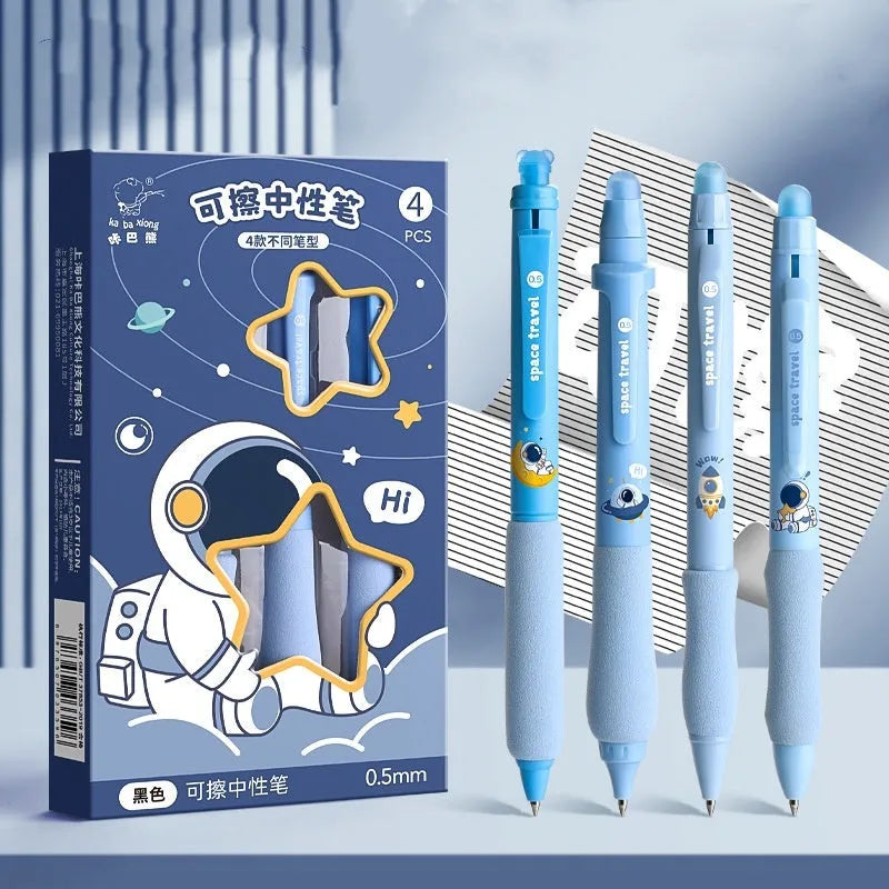Erasable cartoon-themed press gel pen with 0.5mm fine tip in black and crystal blue ink options.