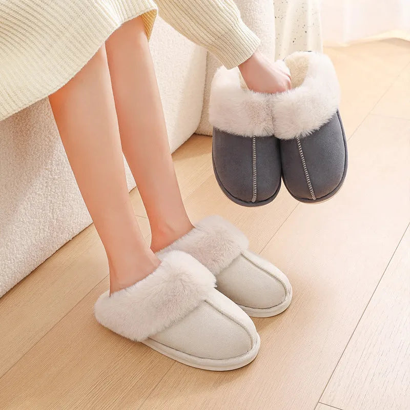 Women's brown plush slippers with round toe, flat heel, and anti-slip PVC sole.