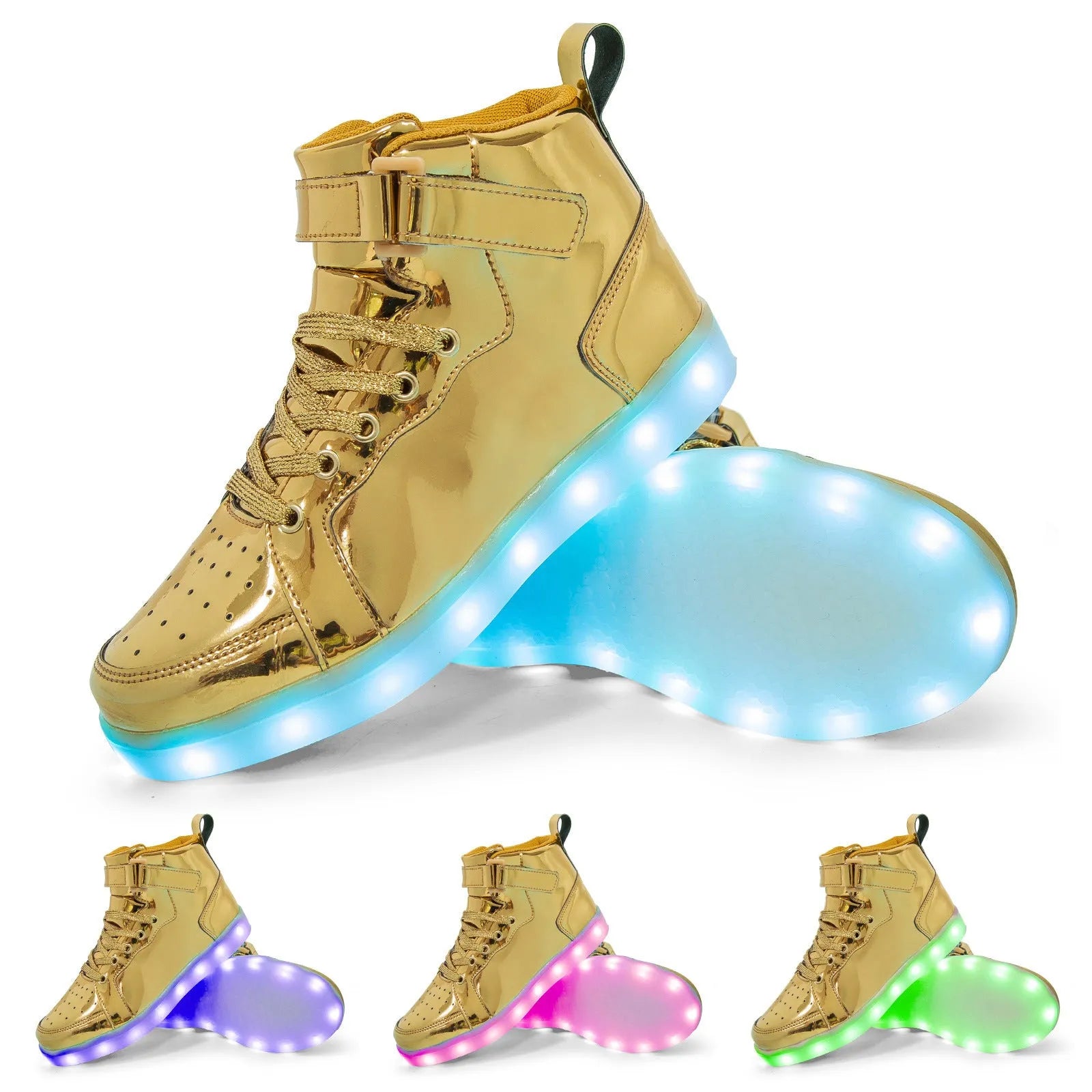 Black high-top LED light-up sneakers with velcro straps and a lit sole.