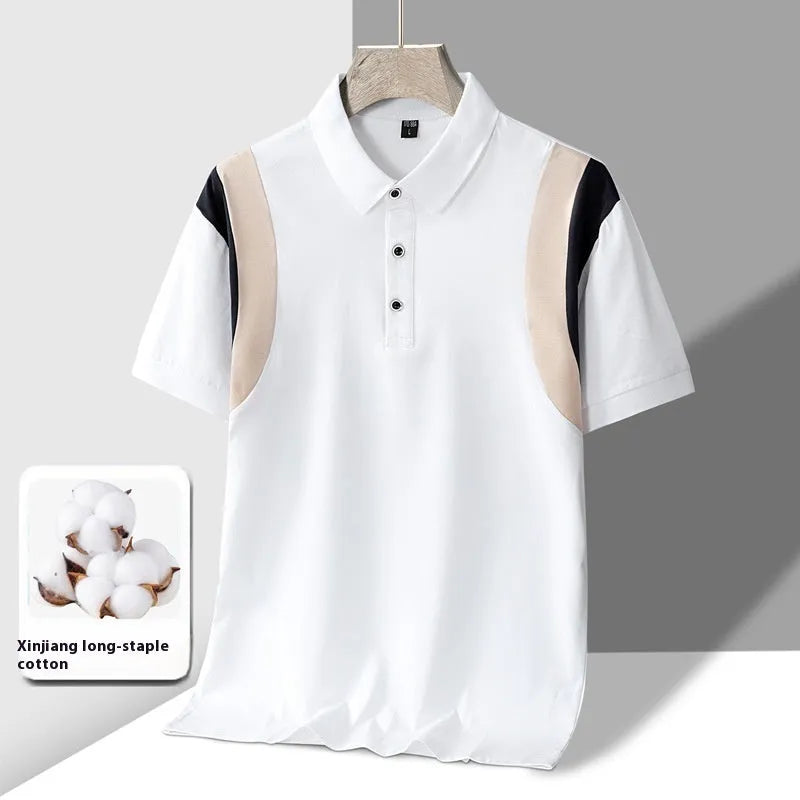 Men's striped cotton T-shirt with a lapel collar and short sleeves in a loose fit.