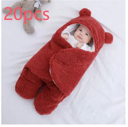 Baby quilted sleeping bag wrapper in cotton blend fabric showing six colour options and three size measurements