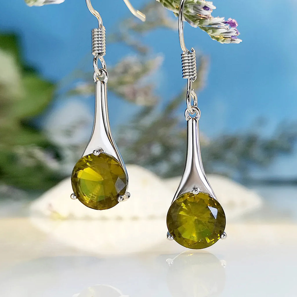 Olive green topaz colour water drop shaped earrings with retro minimalist design