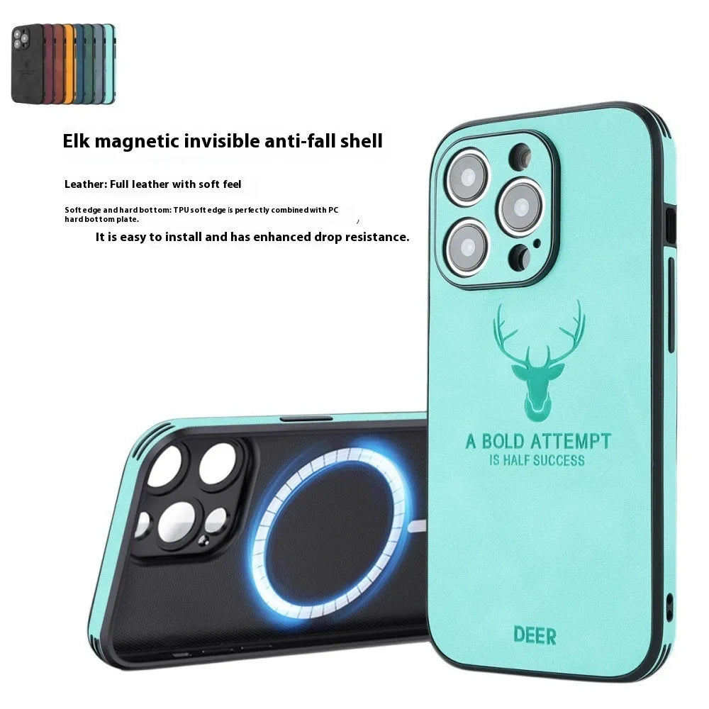 iPhone 16 series imitation leather phone case with embossed moose head design, shown in multiple colour options