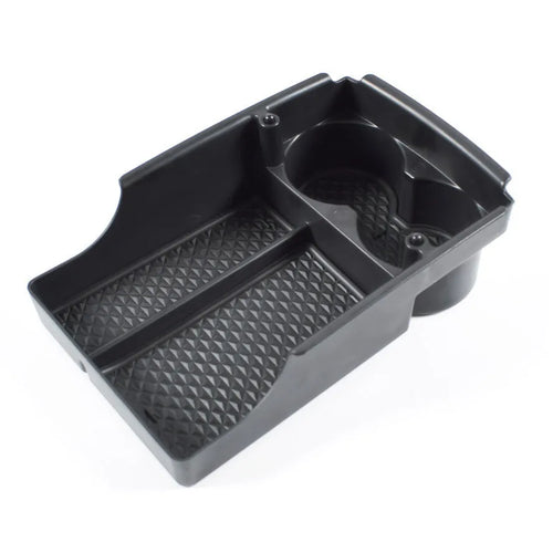 Plastic storage box designed for retrofitting into a Tesla Model 3, S, or X central control armrest.