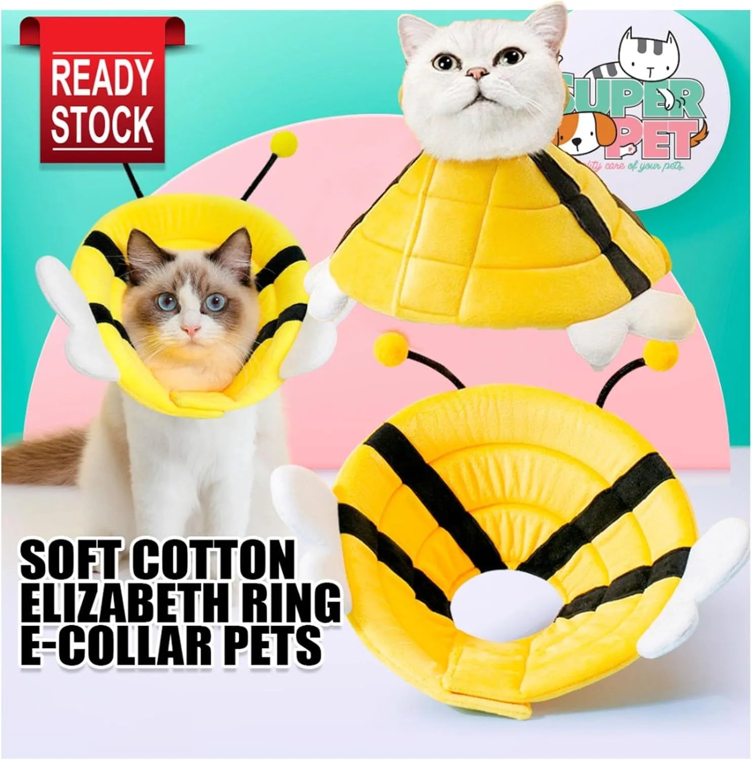 Soft cat cone collar with bee design showing adjustable velcro closure in pet recovery setting