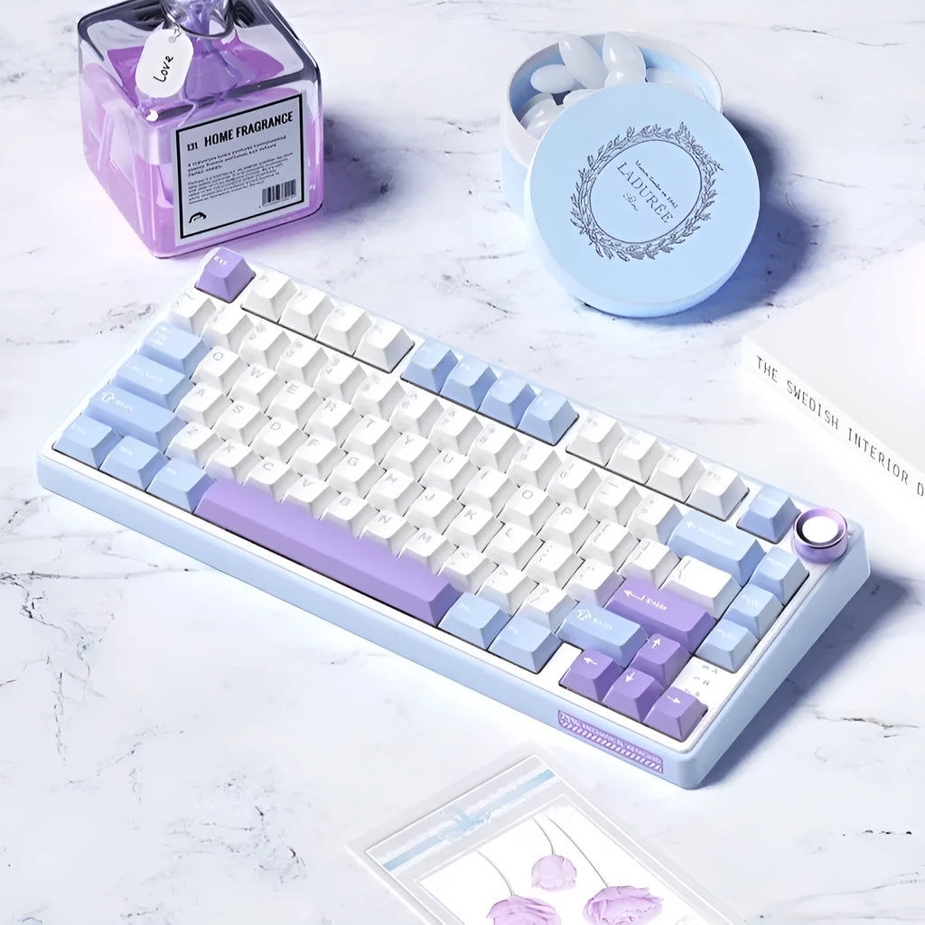 Wireless mechanical keyboard with Bluetooth connectivity showing multiple colour and switch options