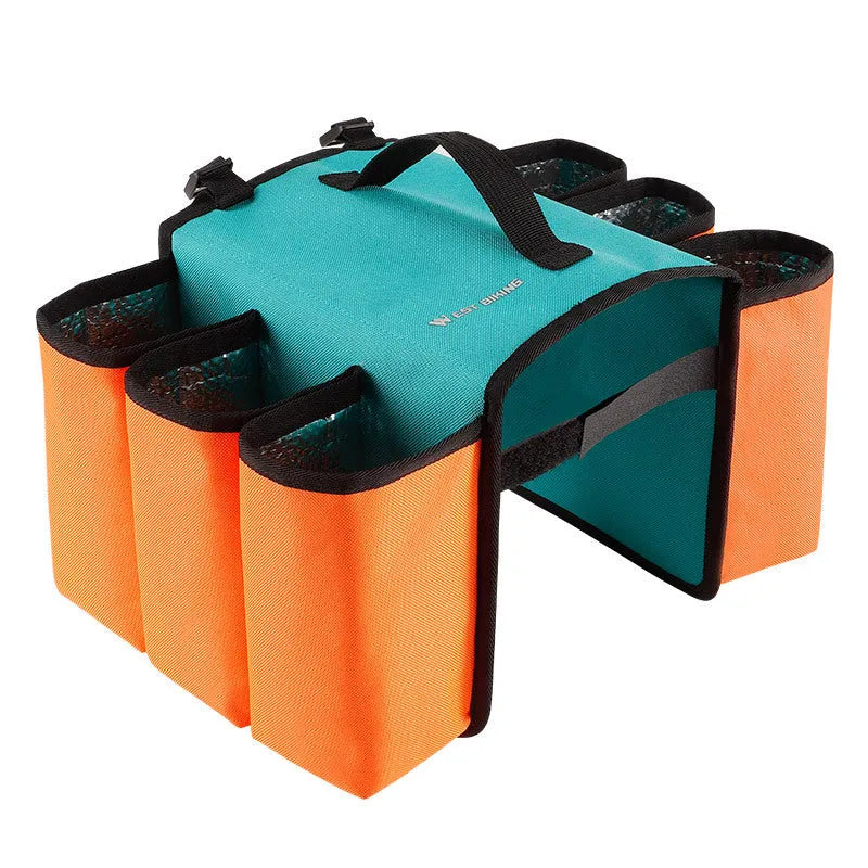 Black and blue orange double-sided bicycle drink bag with 2 litre capacity mounted on a bike frame