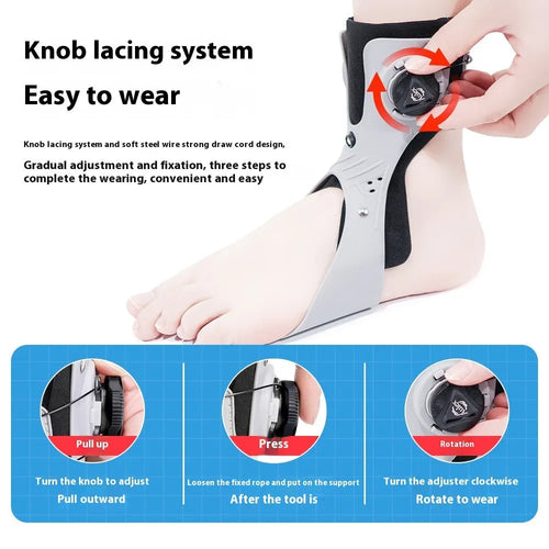 Grey and black airbag button ankle support brace shown on left and right foot