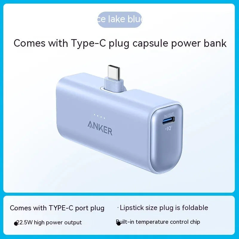 Compact capsule-shaped power bank in five colours with a foldable Type-C cable attached