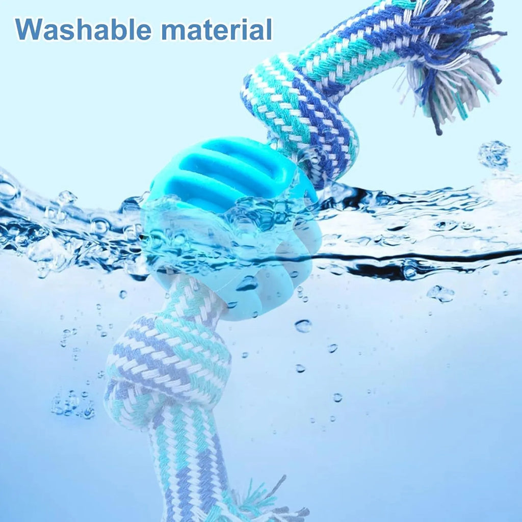 Blue dog chew toy with ropes for dental cleaning and interactive play