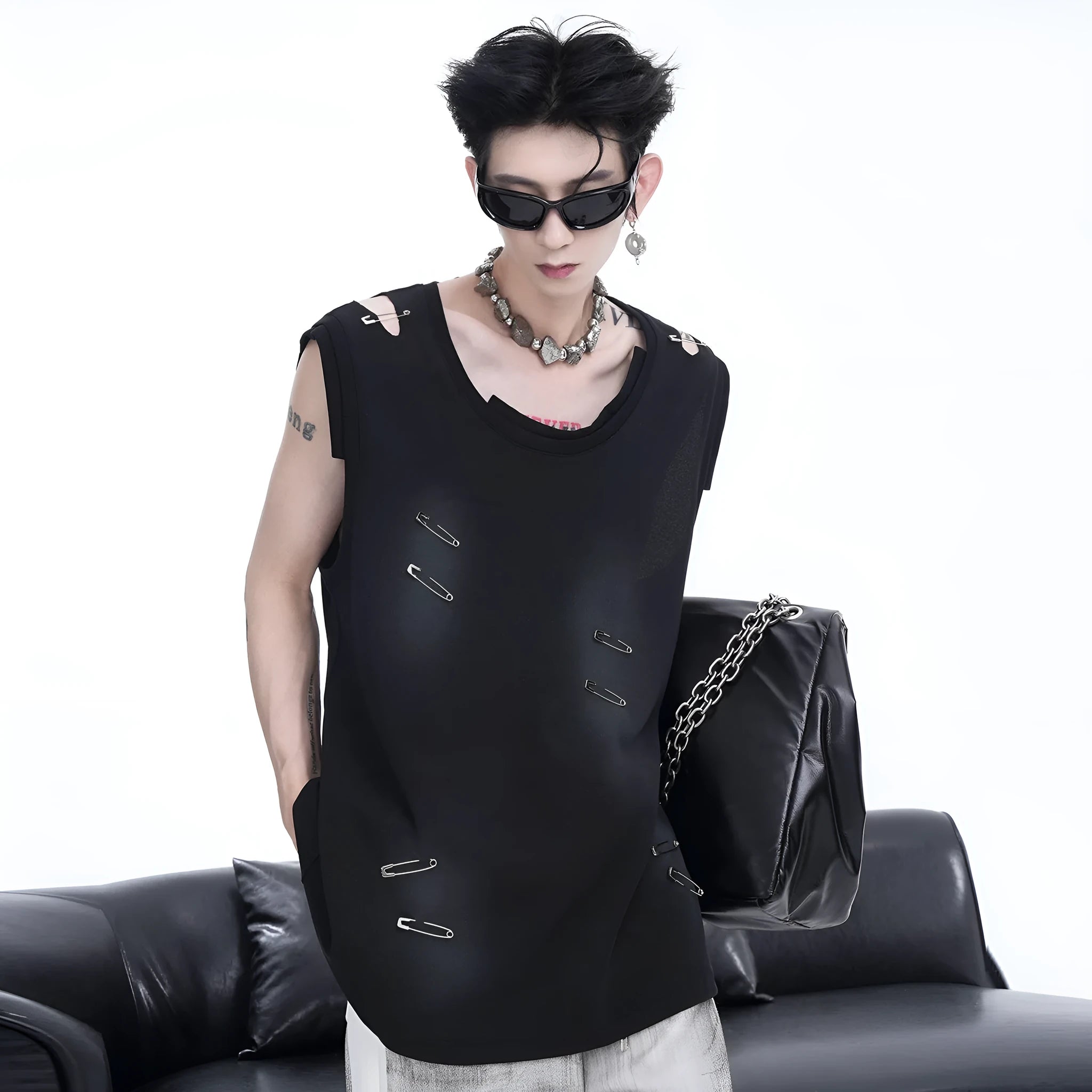 Men's black sleeveless vest waistcoat t-shirt with irregular ripped cutting detail