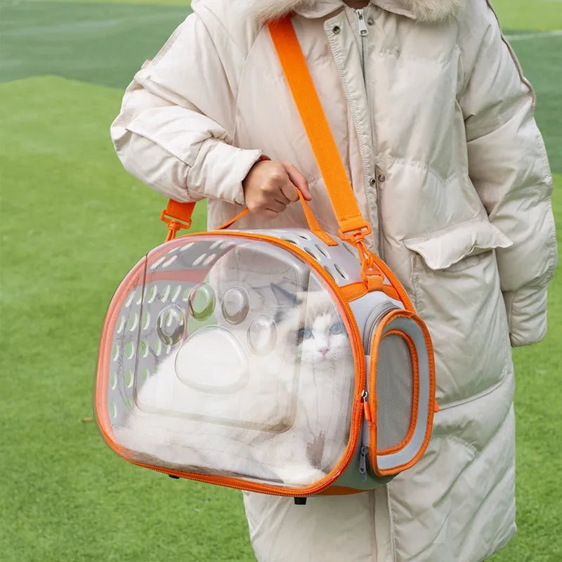 Transparent space capsule backpack for cats showing hard EVA construction and large carrier dimensions