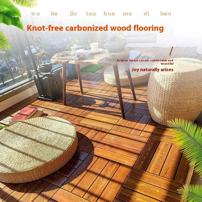 Square pine wood flooring tiles with a brush wax oil finish, laid out on a surface.