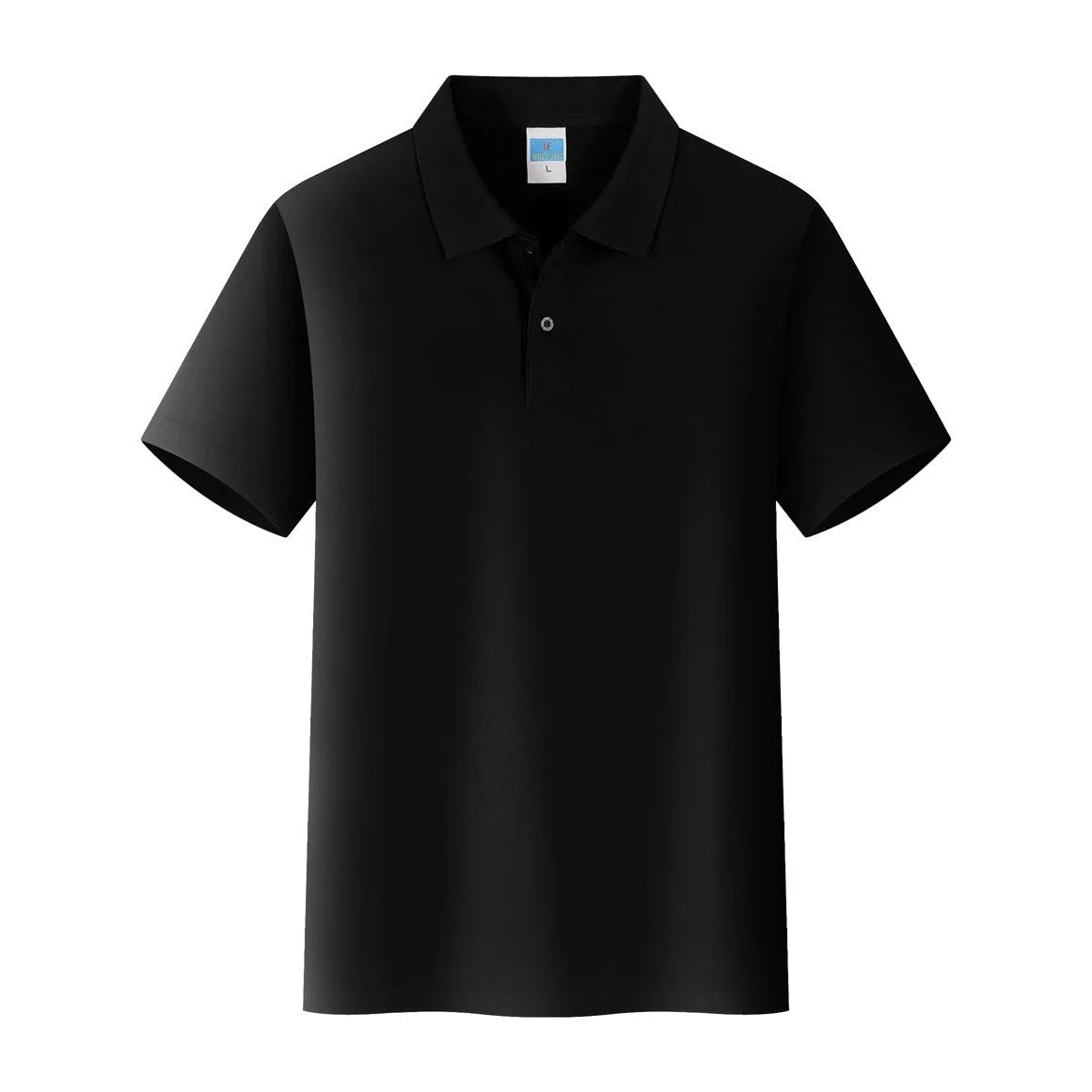Short sleeve cotton work shirt in straight fit for corporate embroidery on a hanger.