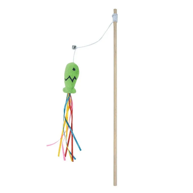 Cat wand toy with wooden handle showing colourful ribbons, catnip fish and bell attachments for interactive feline play