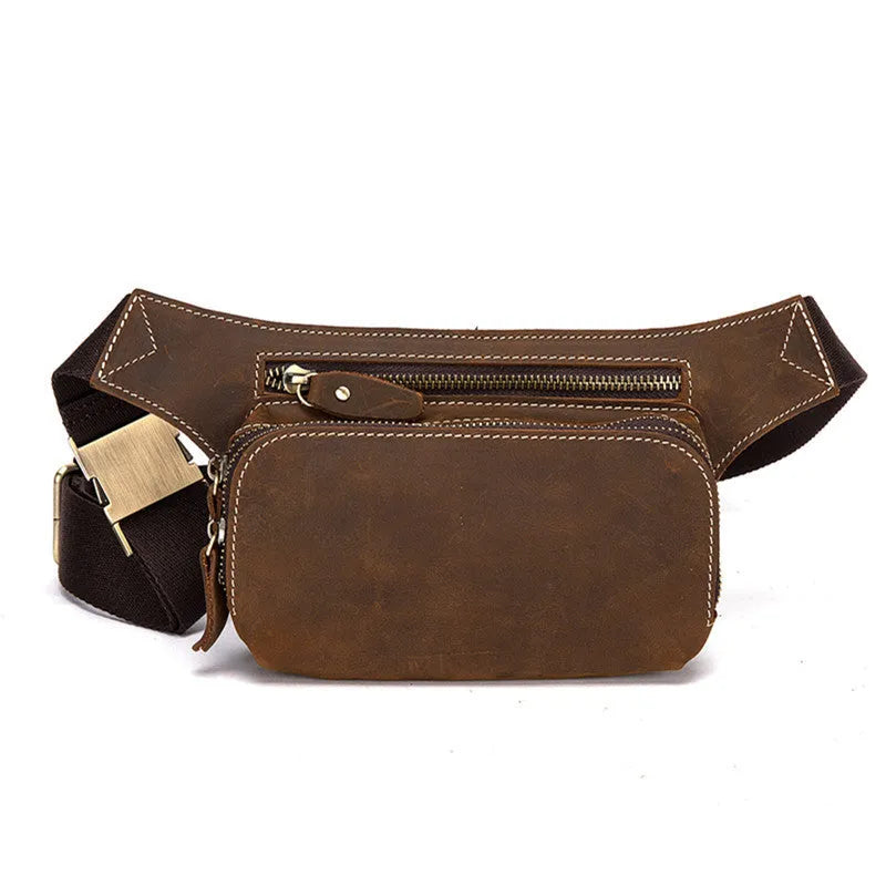 Brown genuine cowhide men's sports waist bag with pull closure and internal organisation compartments