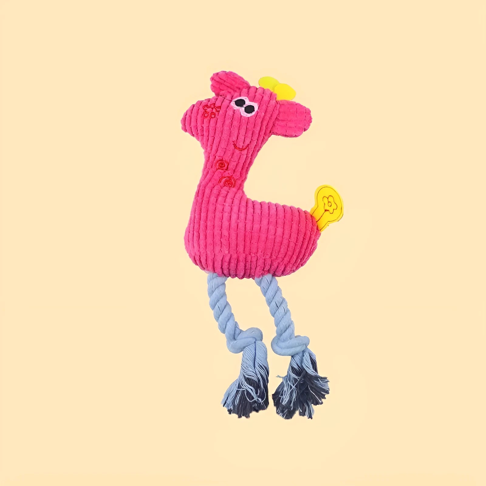 Blue deer-shaped plush dog toy with corn grain texture lying on a neutral background.