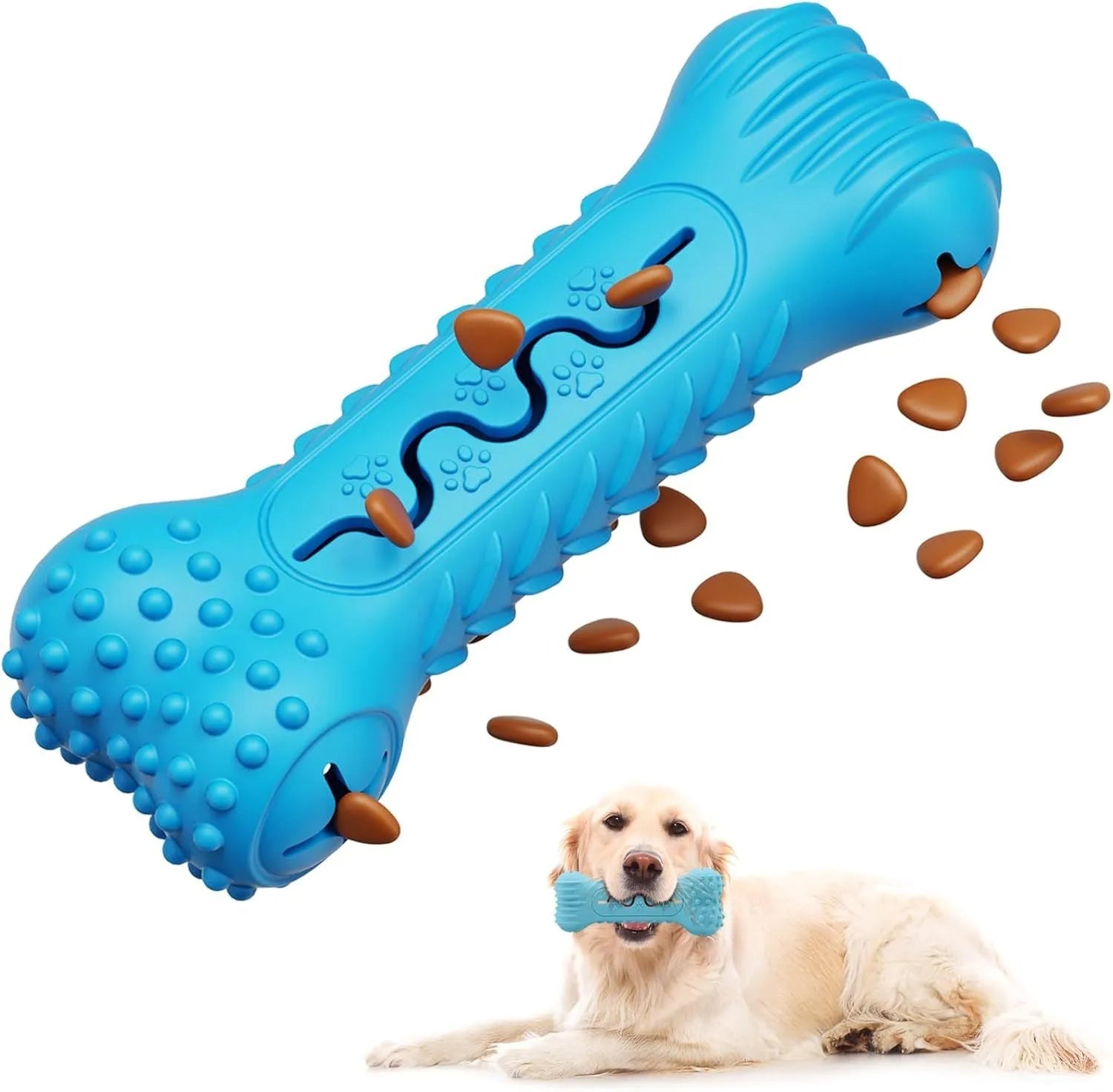 Blue bone-shaped natural rubber dog chew toy for aggressive chewers with textured surface