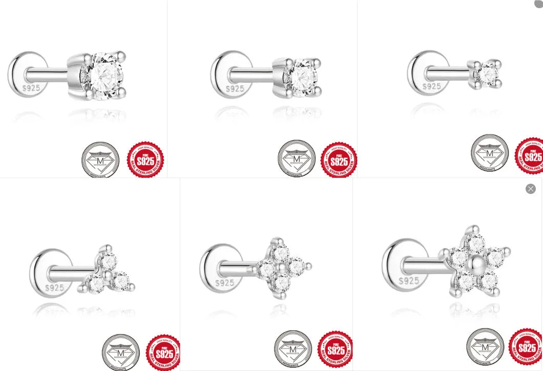 S925 sterling silver geometric stud earrings with petal diamond design, showing triangle and flower shapes.