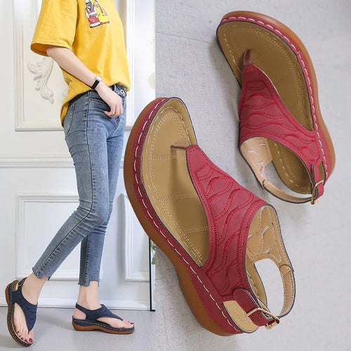 Women's casual wedge heel flip flop sandals with an adjustable back strap in solid colours.