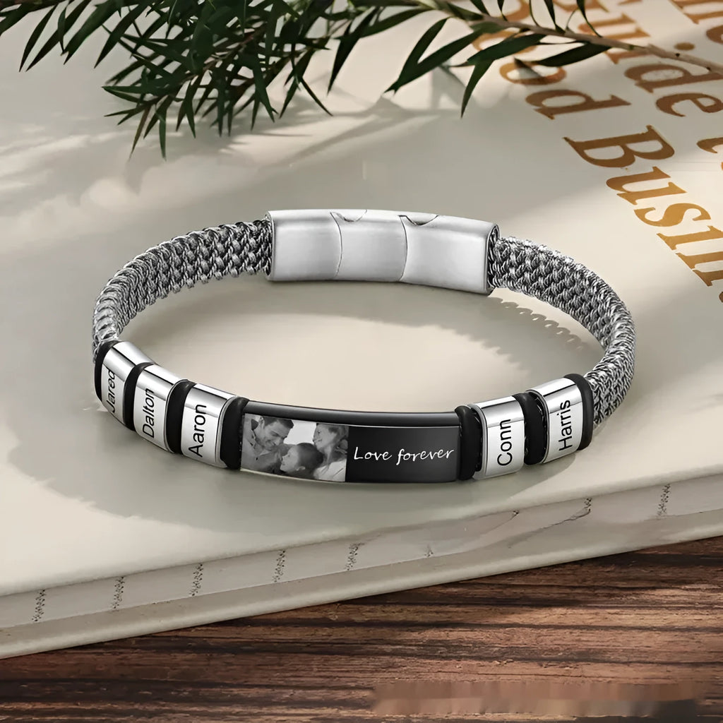 Men's titanium steel and leather rope lettering bracelet showing heart shape and bead design options.