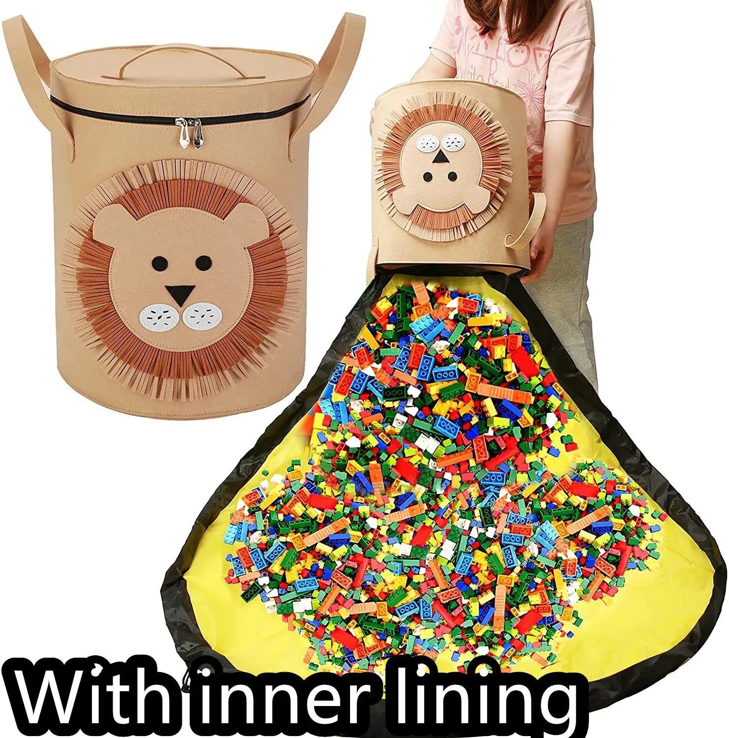 Green felt cube storage bag open as play mat with pull rope closure for toy organisation