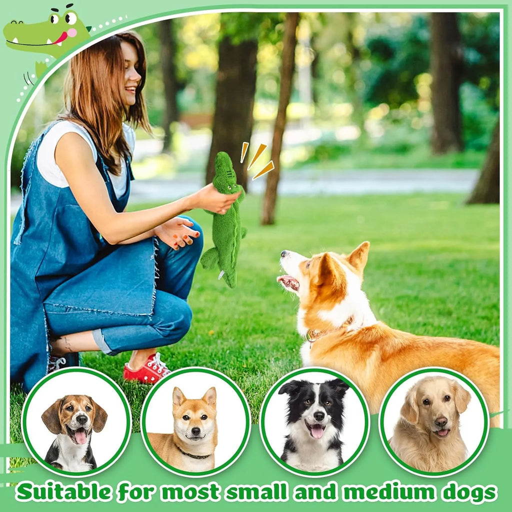 Green crocodile plush dog toy with stuffing-free construction and squeaker sound feature