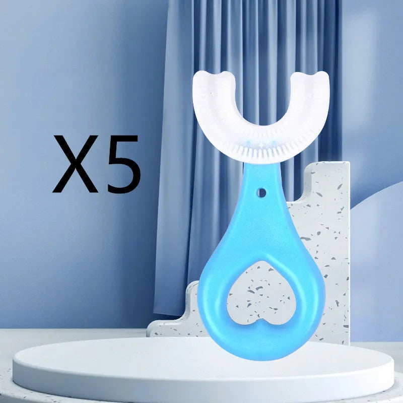 Children's U-shaped soft rubber toothbrush in pink and blue colours for milk teeth cleaning