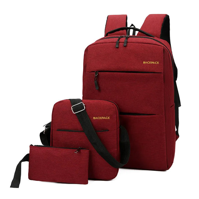 Men's three-piece computer bag set in black with USB charging port and multiple compartments